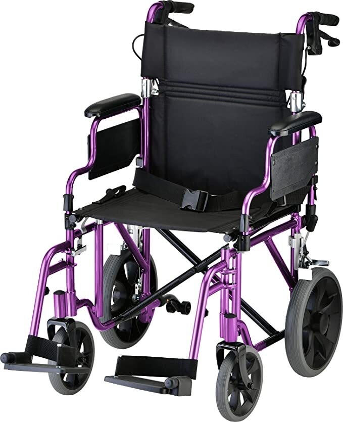 NOVA MEDICAL WIDE 19" TRANSPORT CHAIR WITH 12" REAR WHEELS AND PUSH DOWN BRAKES PURPLE