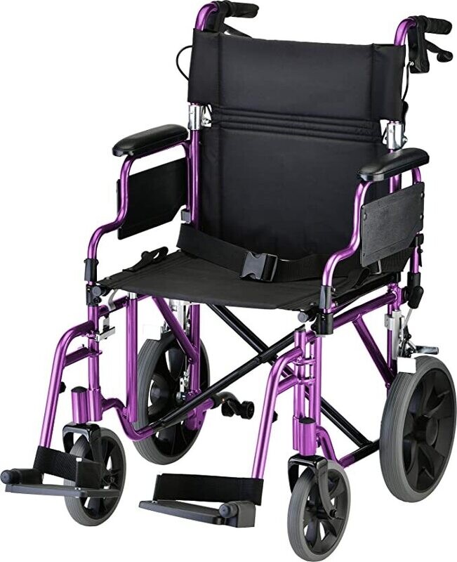 NOVA MEDICAL WIDE 19" TRANSPORT CHAIR WITH 12" REAR WHEELS AND PUSH DOWN BRAKES PURPLE