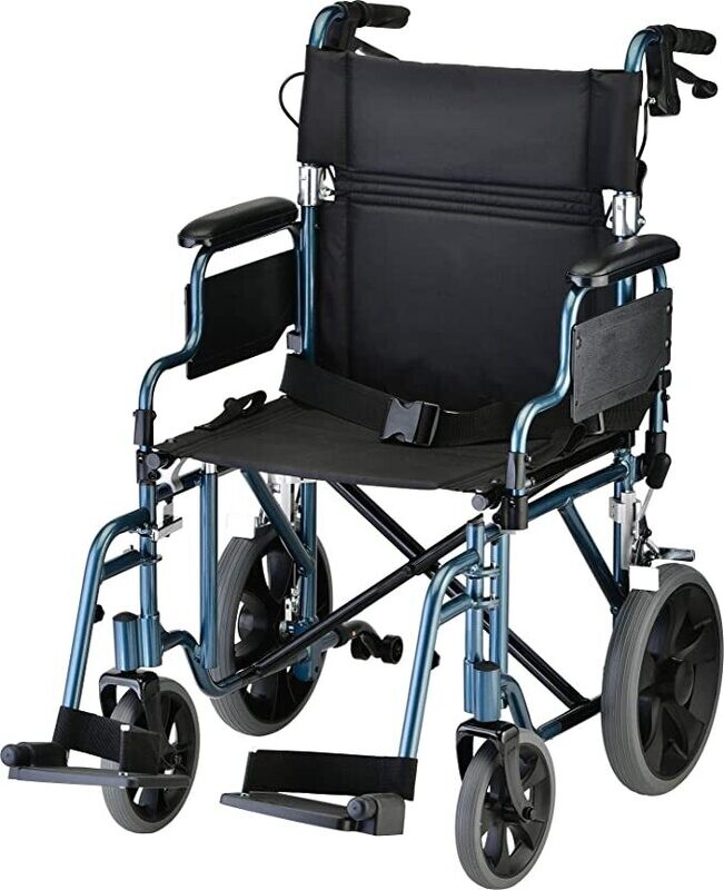 NOVA MEDICAL WIDE 19" TRANSPORT CHAIR WITH 12" REAR WHEELS AND PUSH DOWN BRAKES BLUE