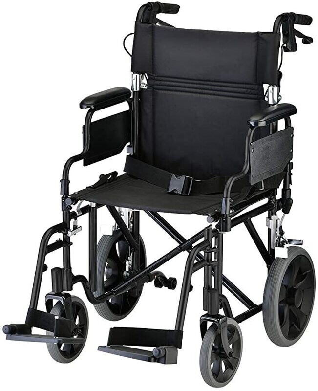 NOVA MEDICAL WIDE 19" TRANSPORT CHAIR WITH 12" REAR WHEELS AND PUSH DOWN BRAKES BLACK