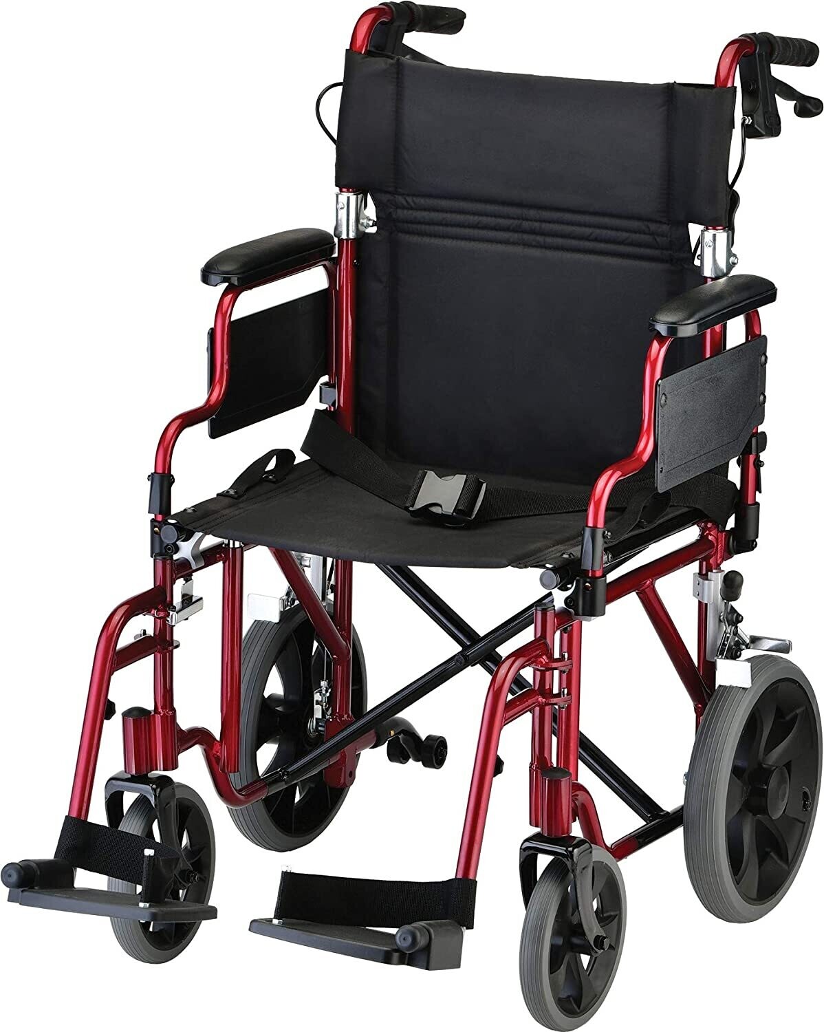 NOVA MEDICAL WIDE 19" TRANSPORT CHAIR WITH 12" REAR WHEELS AND PUSH DOWN BRAKES RED
