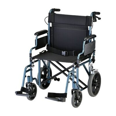 NOVA MEDICAL 22" BARIATRIC TRANSPORT CHAIR WITH 12" REAR WHEELS AND PUSH DOWN BRAKES BLUE