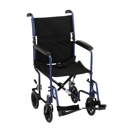 NOVA MEDICAL NARROW LIGHTWEIGHT TRANSPORT CHAIR WITH REMOVABLE FOOTREST AND FOLD DOWN BACK  COLOR: BLUE