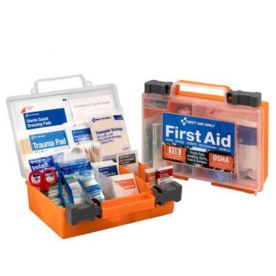 FIRST AID ONLY PLASTIC FIRST AID KIT ORANGE WITH A CLEAR FRONT FOR 25 PERSONS INCLUDES 118 PIECES
