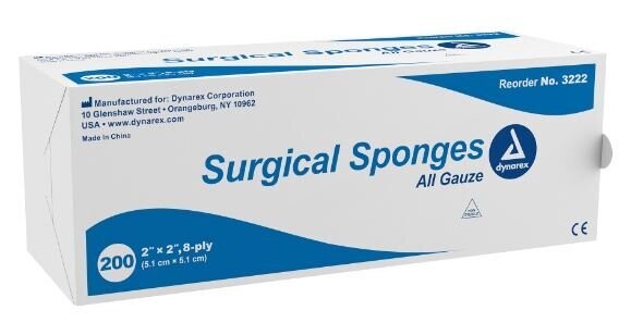 DYNAREX COTTON GAUZE SPONGE NONSTERILE PK200, SIZE AND QUANTITY: 2X2 8 PLY PK200