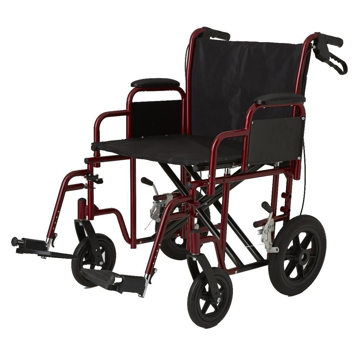 MEDLINE 22" BARIATRIC TRANSPORT CHAIR WITH 12" REAR WHEELS AND REMOVABLE FOOTRESTS WITH PUSH DOWN BRAKES RED, ANTI TIPPERS: WITH ANTI TIPPERS