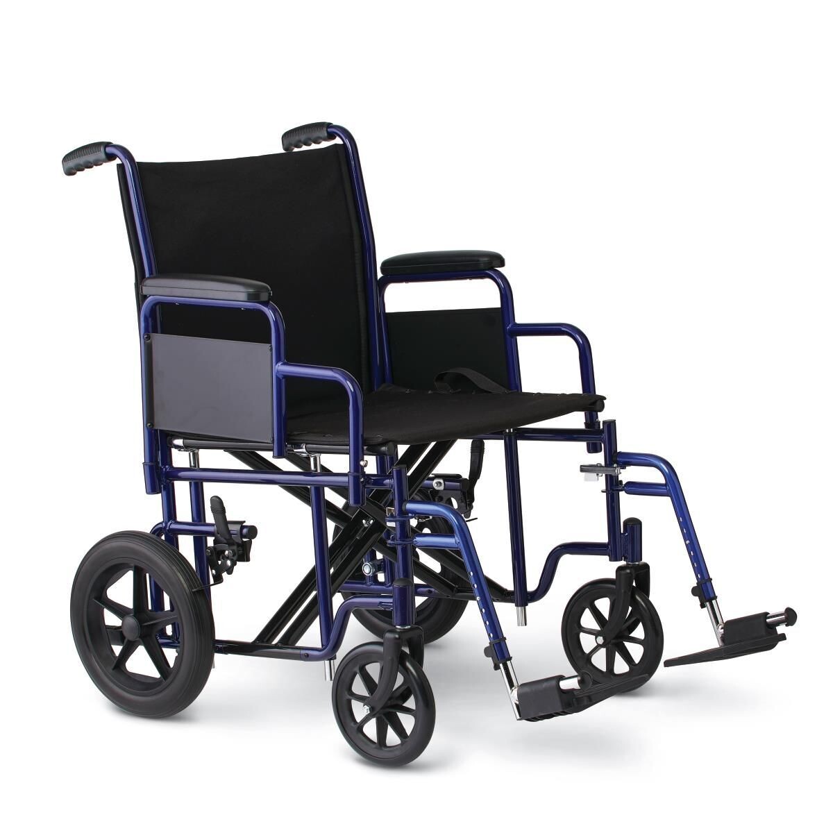 MEDLINE 22" BARIATRIC TRANSPORT CHAIR WITH 12" REAR WHEELS AND REMOVABLE FOOTRESTS WITHOUT PUSH DOWN BRAKES BLUE