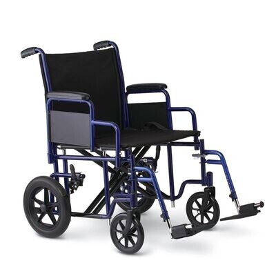 MEDLINE 22" BARIATRIC TRANSPORT CHAIR WITH 12" REAR WHEELS AND REMOVABLE FOOTRESTS WITHOUT PUSH DOWN BRAKES BLUE