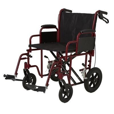 MEDLINE 22" BARIATRIC TRANSPORT CHAIR WITH 12" REAR WHEELS AND REMOVABLE FOOTRESTS WITH PUSH DOWN BRAKES RED