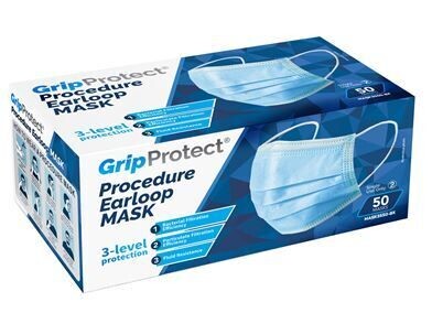 BMC PROTECT GRIP PROTECT SINGLE USE 3 PLY EAR LOOP FACE MASK  BX50 20BX/CS COLOR: BLUE