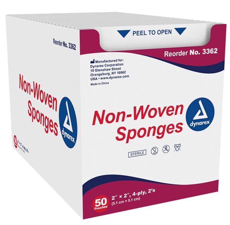 DYNAREX STERILE NON WOVEN SYNTHETIC GAUZE SPONGES, SIZE: 2X2-4PLY -PK 50-2'S CS 30PK, QUANTITY: PK
