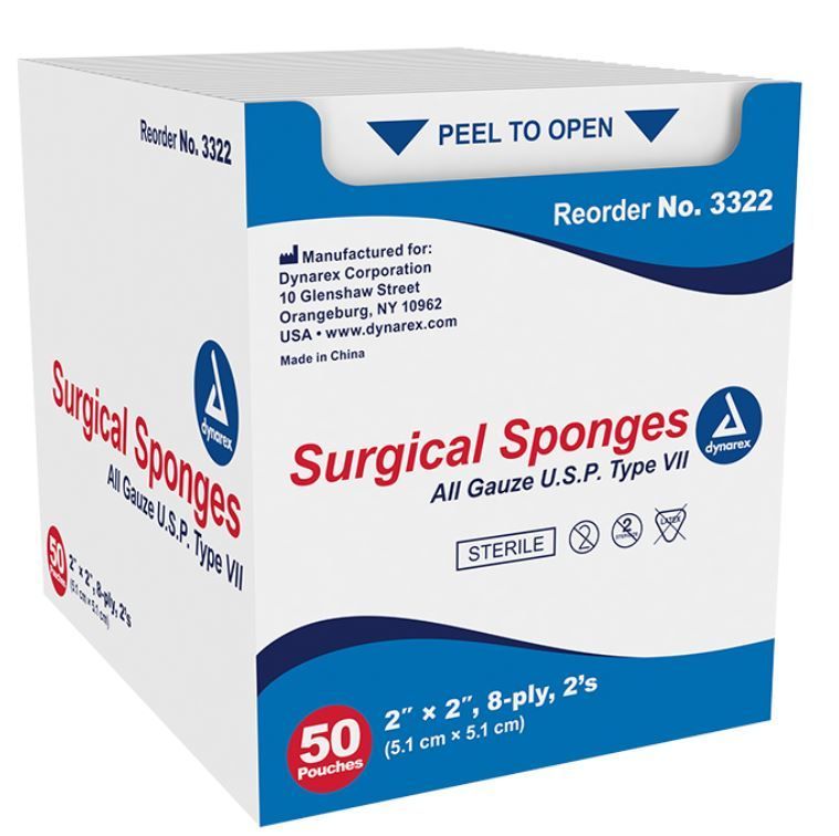 DYNAREX STERILE SURGICAL COTTON GAUZE SPONGES U.S.P. TYPE VII, SIZE: 2X2-8PLY -PK 50-2'S CS 30PK, QUANTITY: PK