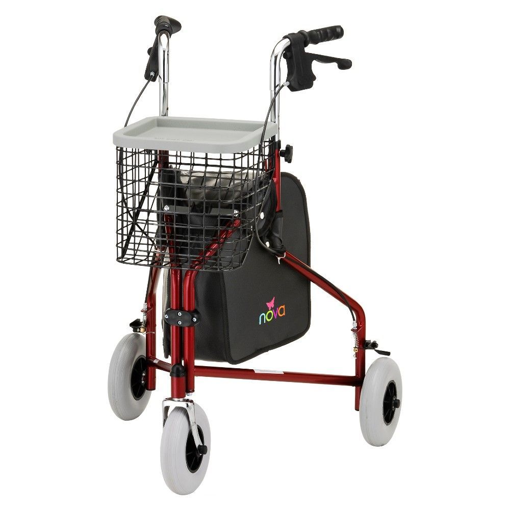 NOVA MEDICAL TRAVELER THREE WHEEL WALKER WITH BASKET & TRAY, COLOR: RED