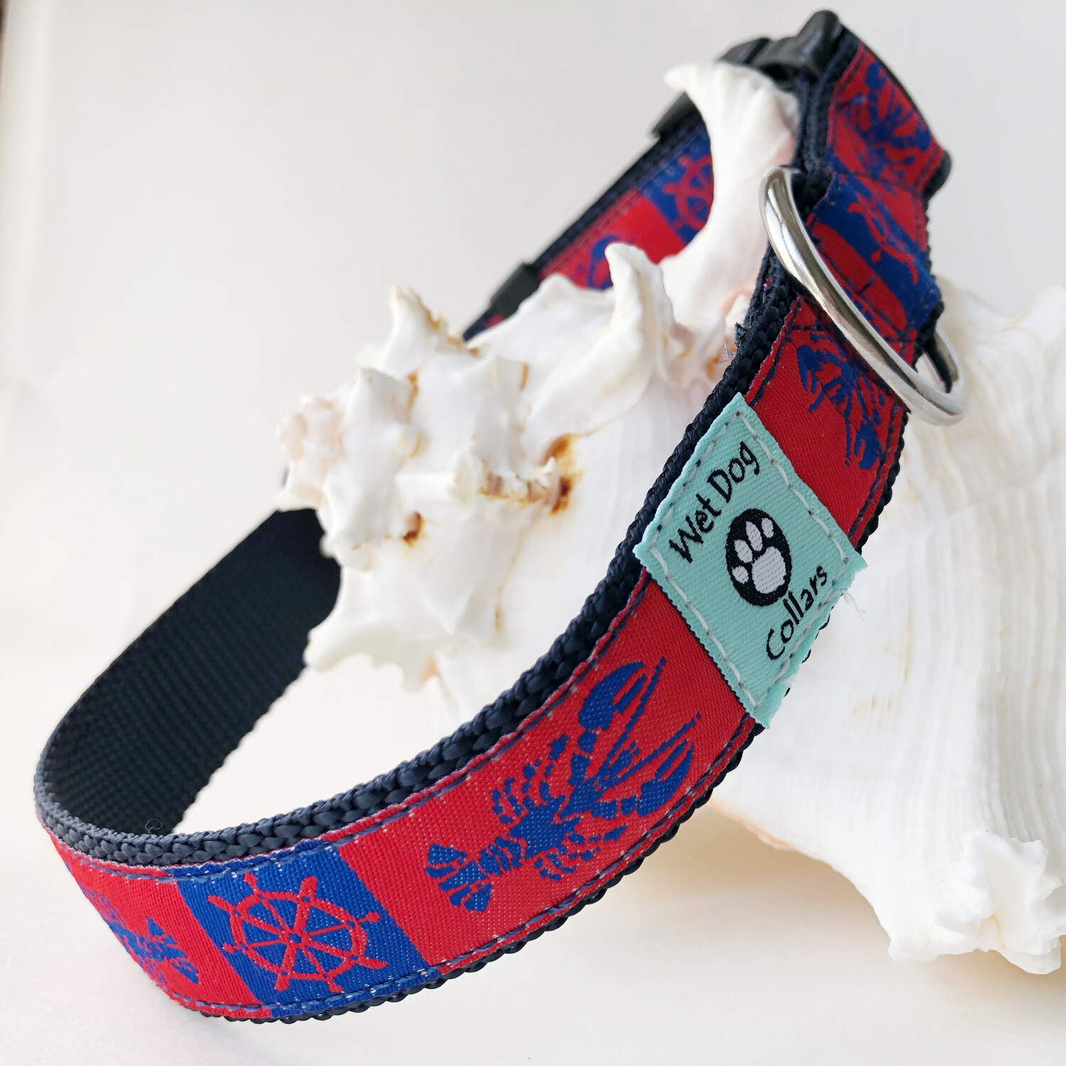 Lobster and ships wheel red dog collar