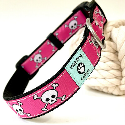 skull &amp; crossbones pattern on hot pink ribbon beach dog collar and leash with rust proof stainless hardware