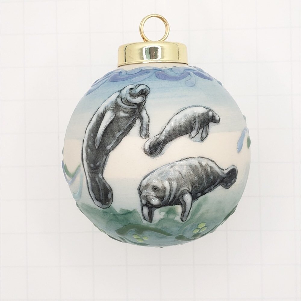 Manatees Porcelain Christmas Ornament 2.5"