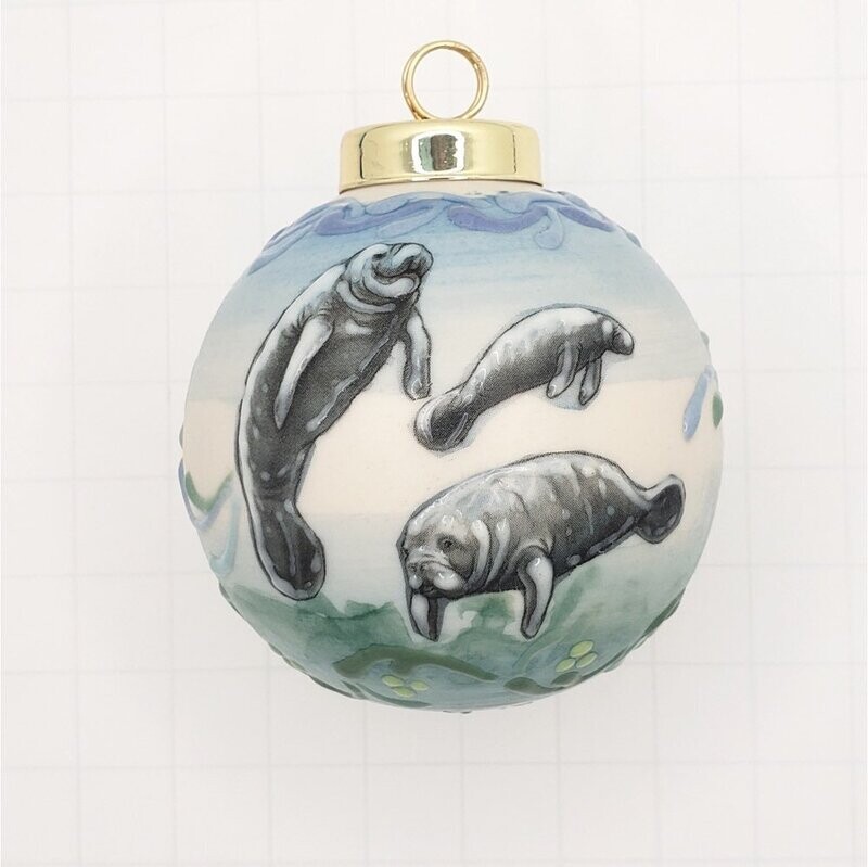 Manatees Porcelain Christmas Ornament 2.5"