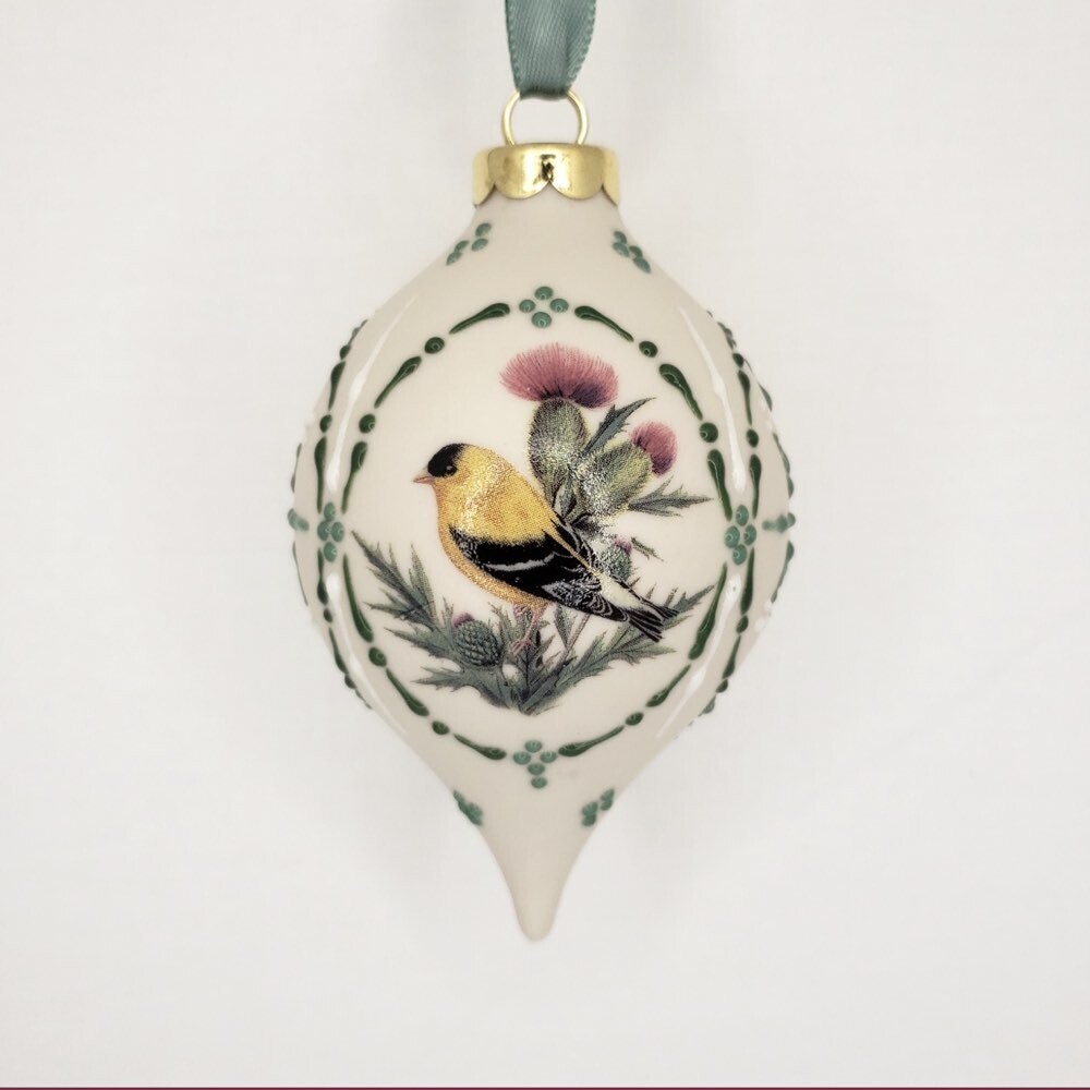 Ivory Teardrop with Goldfinch Image 3.5"