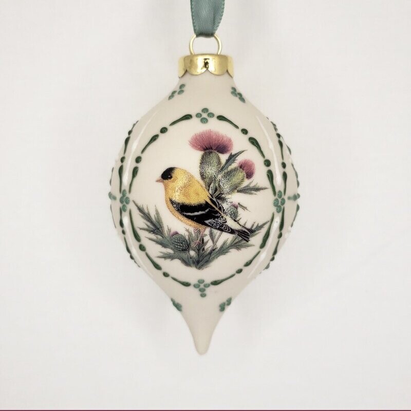 Ivory Teardrop with Goldfinch Image 3.5"