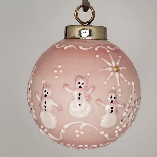 Snow People Pink Porcelain Christmas Ornament 2.5"