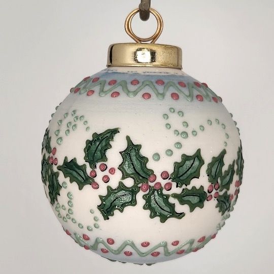 Holly Porcelain Christmas Ornament: Red & Green Holly on Ivory 2.5"