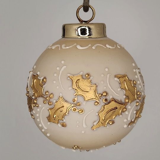 Holly Porcelain Christmas Ornament: Gold Holly on Ivory 2.5"