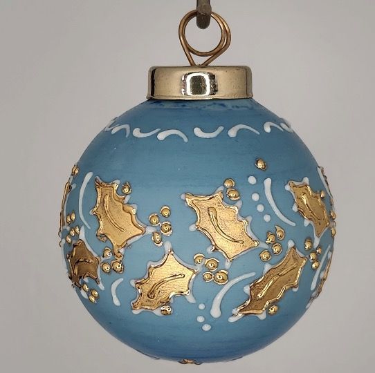 Holly Porcelain Christmas Ornament: Gold Holly on Blue 2.5"