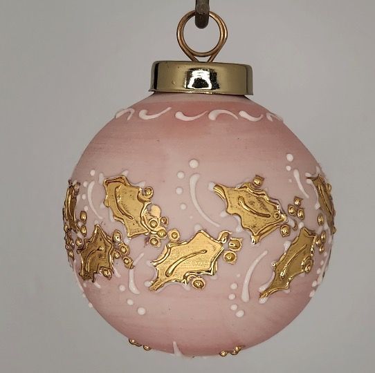 Holly Porcelain Christmas Ornament: Gold Holly on Pink 2.5"