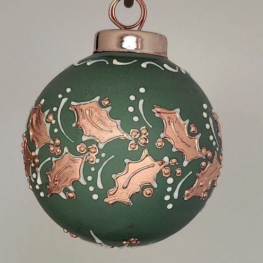 Holly Porcelain Christmas Ornament: Gold Holly on Green 2.5"