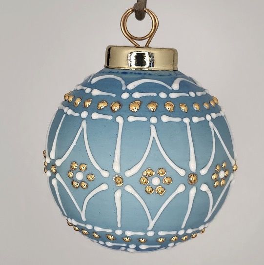 Classic Porcelain Christmas Ornament: White & Gold on Blue 2.5"