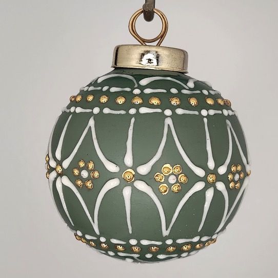 Classic Porcelain Christmas Ornament: White & Gold on Green 2.5"