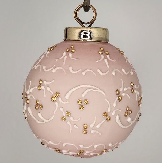 Garden Scroll Porcelain Christmas Ornament: Gold & White on Pink 2.5"