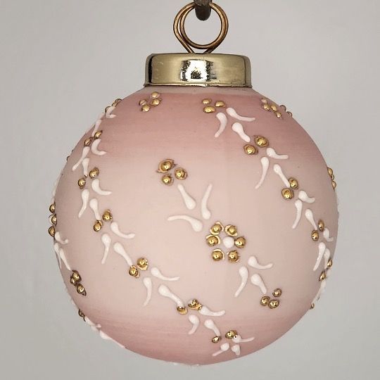 Bavarian Twist Porcelain Christmas Ornament: Gold & White on Pink 2.5"
