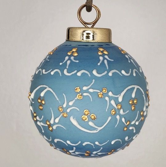 Garden Scroll Porcelain Christmas Ornament: Gold & White on Blue 2.5"