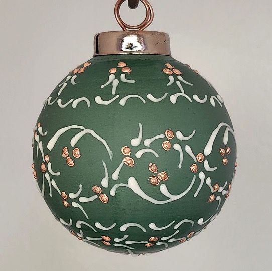 Garden Scroll Porcelain Christmas Ornament: Gold & White on Green 2.5"