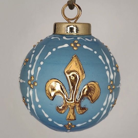 Fluer Di Lis Porcelain Christmas Ornament: Gold & White on Blue 2.5"