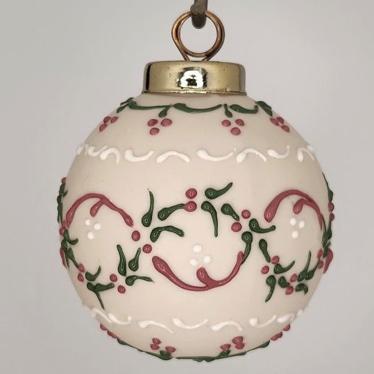 Garden Scroll Porcelain Christmas Ornament: Red & Green on Ivory 2.5"