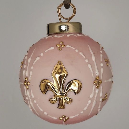 Fluer Di Lis Porcelain Christmas Ornament: Gold & White on Pink 2.5"