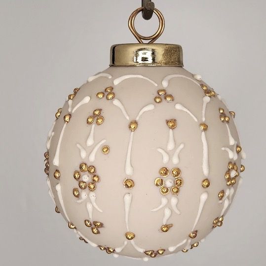 Floral Porcelain Christmas Ornament: Gold on White 2.5"