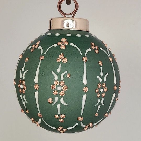 Floral Porcelain Christmas Ornament: Gold & White on Green 2.5"