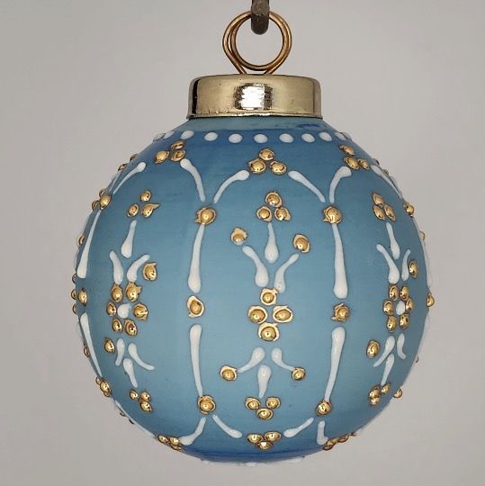 Floral Porcelain Christmas Ornament: Gold & White on Blue 2.5"