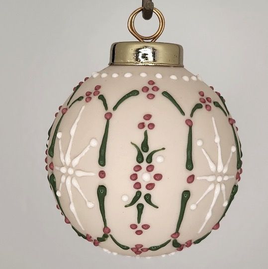 Floral Porcelain Christmas Ornament: Red & Green on White 2.5"