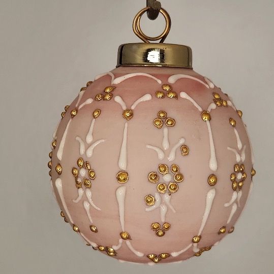 Floral Porcelain Christmas Ornament: Gold & White on Pink 2.5"
