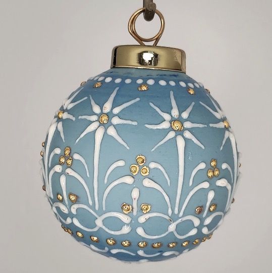 Poinsettias Christmas Ornament: Gold & White on Blue 2.5"