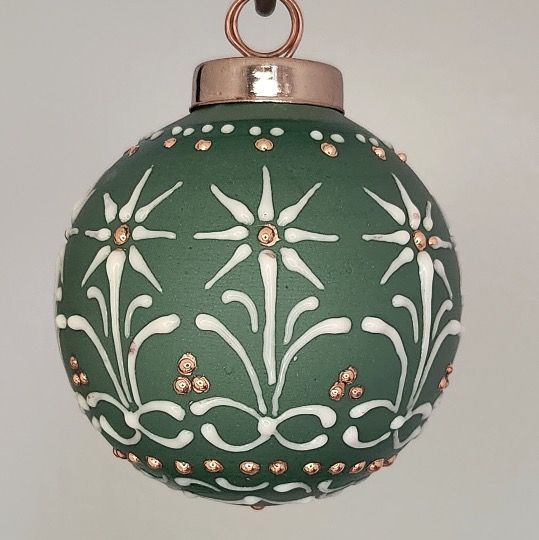 Poinsettias Christmas Ornament: Gold & White on Green 2.5"