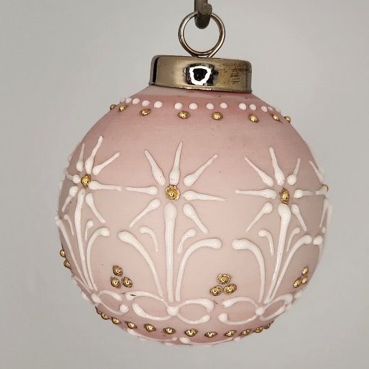 Poinsettias Christmas Ornament: Gold & White on Pink 2.5"