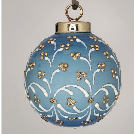 Holiday Berries Christmas Ornament: Gold & White on Blue 2.5"