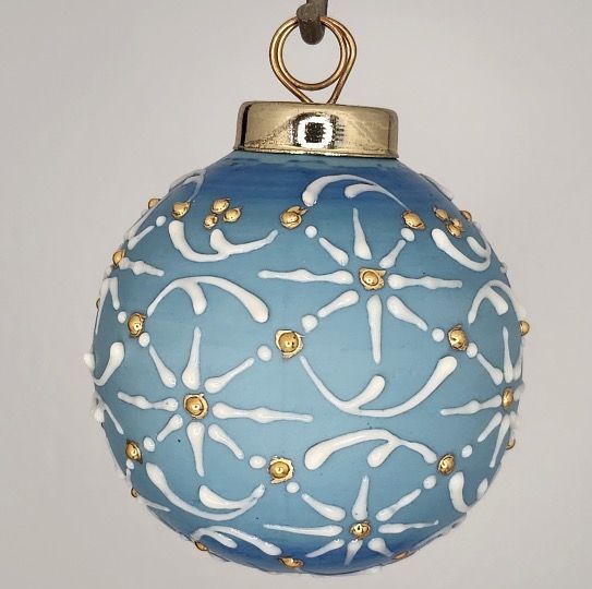 Snow Flakes Christmas Ornament: Gold & White on Blue 2.5"