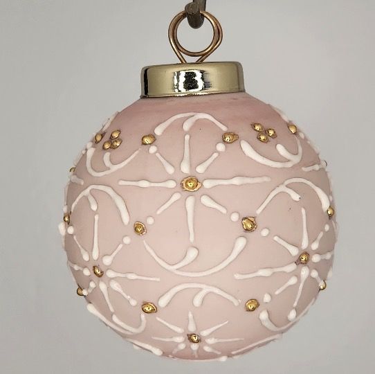 Snow Flakes Christmas Ornament: Gold & White on Pink 2.5"