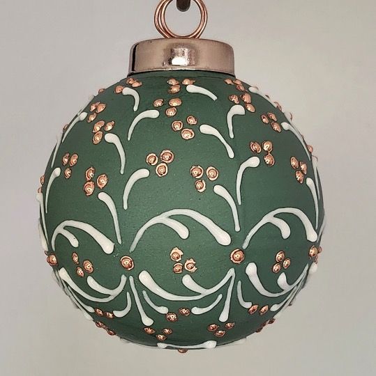 Holiday Berries Christmas Ornament: Gold & White on Green 2.5"